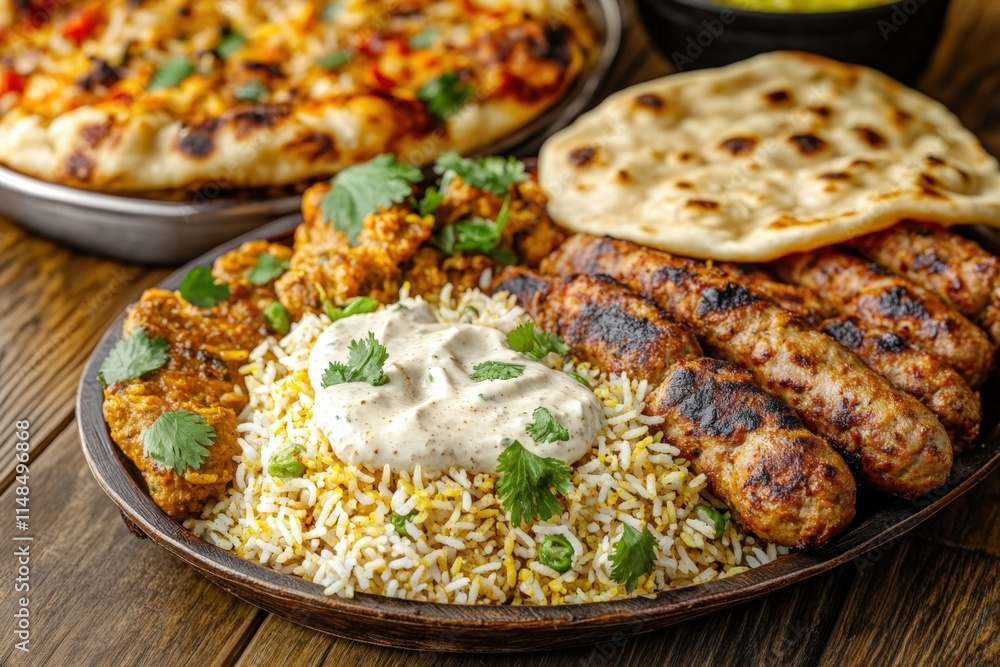Indian cuisine platter with grilled meats, rice, naan, and sauce. Indian cuisine platter with grilled meats, rice, naan, and sauce.
