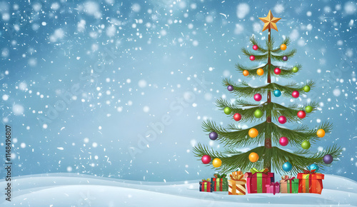 New Year Card: Winter Landscape with Decorated Christmas Tree in Snowy Field,Beautiful Christmas tree with gift boxes on snow,Christmas themed poster, space for text.isolated empty christmas