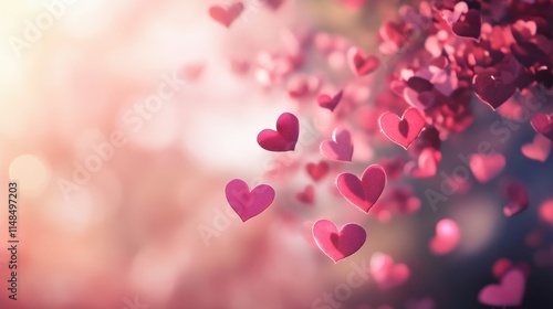Floating Pink Hearts Against a Soft Colorful Background
