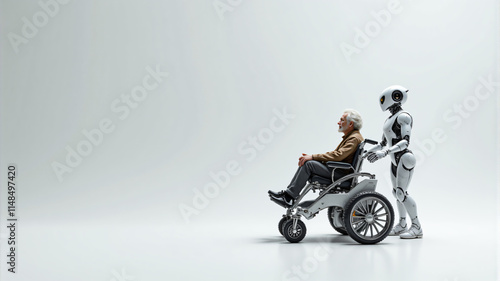 A futuristic robot aids an elderly man in a sleek wheelchair, showcasing technology's compassion. photo