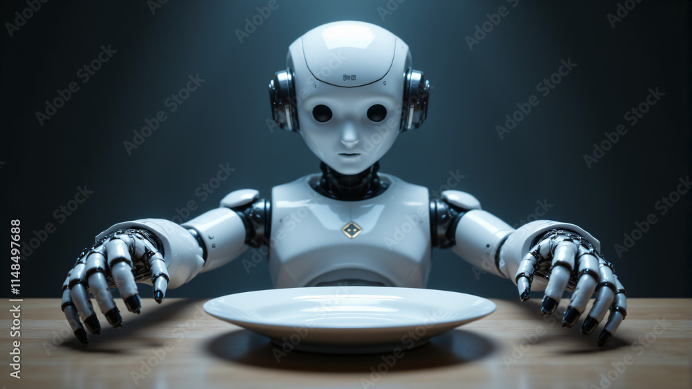 Naklejka premium A futuristic robot sits at a table, gazing at an empty plate, ready to serve.
