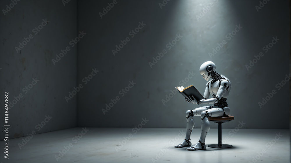 A humanoid robot sits quietly, engrossed in a book in a minimalist space. A humanoid robot sits quietly, engrossed in a book in a minimalist space.