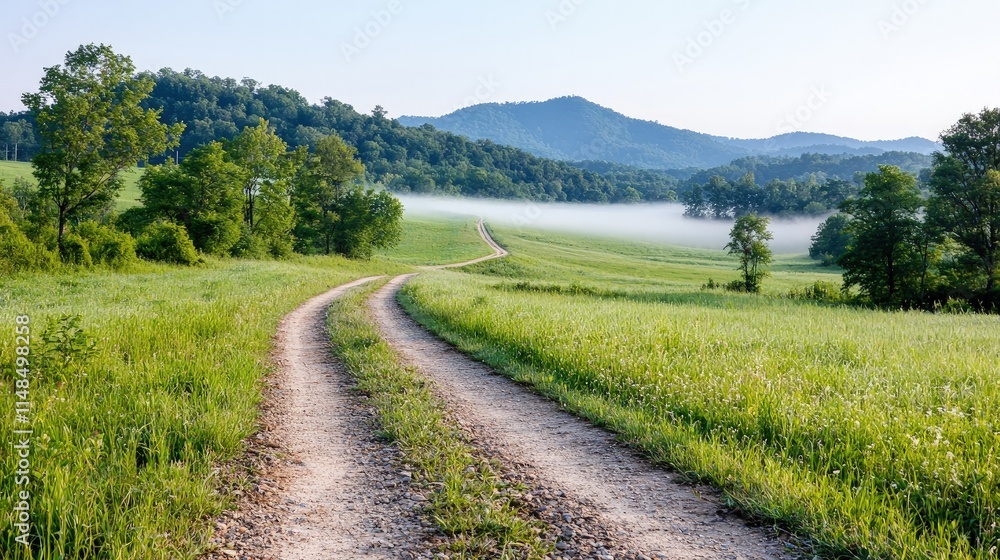 Misty morning, winding dirt road through green fields and rolling hills. Misty morning, winding dirt road through green fields and rolling hills.
