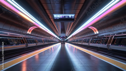 Futuristic Subway Station: Neon Lights and Sleek Trains