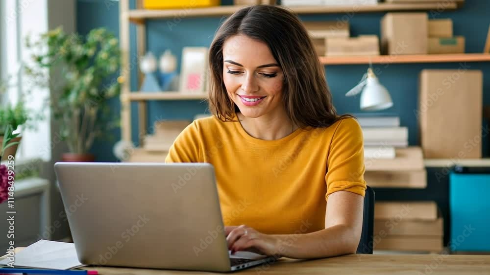 A business owner working on a laptop, designing aesthetic packaging with clean, minimalistic elements for their e-commerce store A business owner working on a laptop, designing aesthetic packaging with clean, minimalistic elements for their e-commerce store
