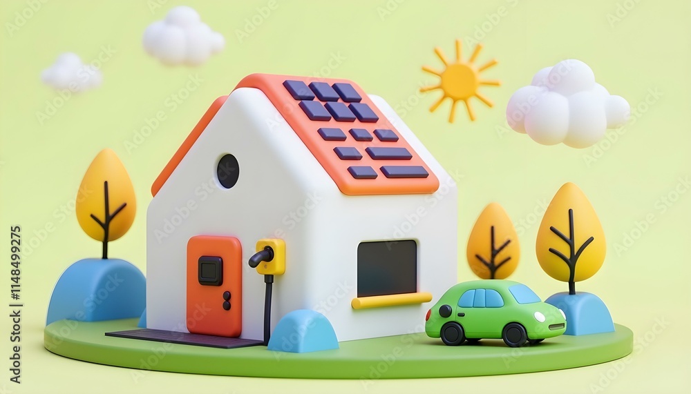 Fototapeta premium Home electricity scheme with battery energy storage system on modern house photovoltaic solar panels and rechargeable li-ion backup. Electric car charging on renewable smart power off-grid system.