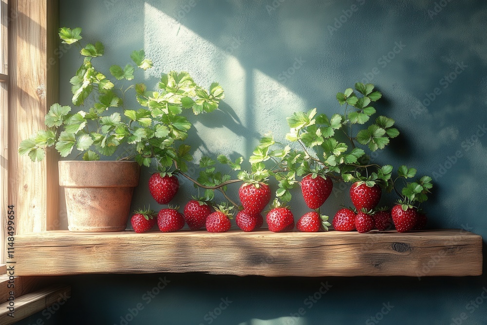 A rustic shelf displays vibrant strawberries and greenery, illuminated by natural light. A rustic shelf displays vibrant strawberries and greenery, illuminated by natural light.