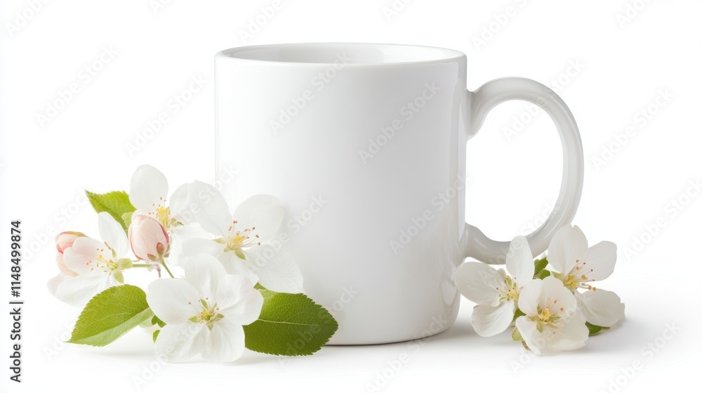 White Empty Coffee Mug Surrounded by Fresh Spring Flowers White Empty Coffee Mug Surrounded by Fresh Spring Flowers
