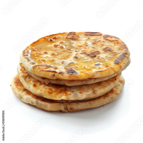 Stack of puran poli, indian sweet flatbread, drizzled with ghee, isolated on white background