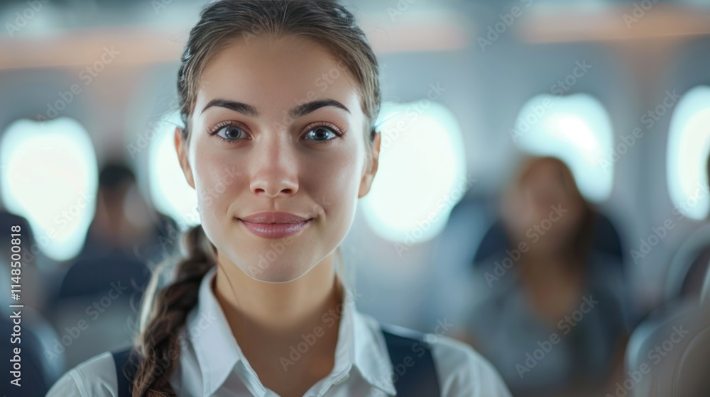 Fototapeta premium A confident flight attendant in training, practicing emergency procedures and customer service skills,