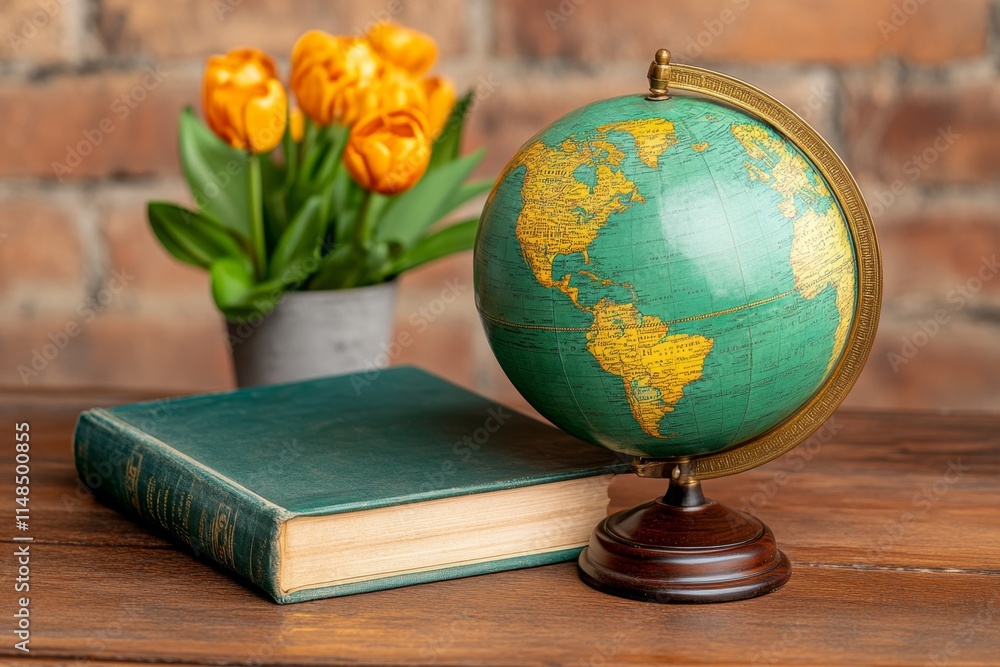 A detailed photo of a classic antique globe with brass accents, sitting on a mahogany desk surrounded by vintage maps and books A detailed photo of a classic antique globe with brass accents, sitting on a mahogany desk surrounded by vintage maps and books