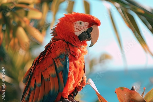 Scarlet macaw perched on branch in tropical setting photo