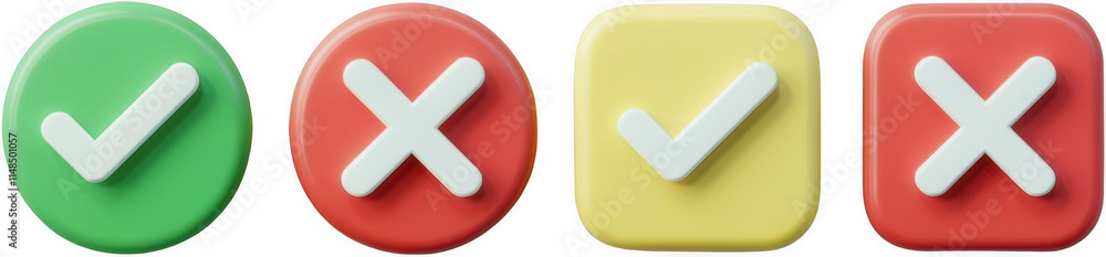 3D Rendered Checkmark and Cross Icons Green Red Yellow Buttons 3D Rendered Checkmark and Cross Icons Green Red Yellow Buttons