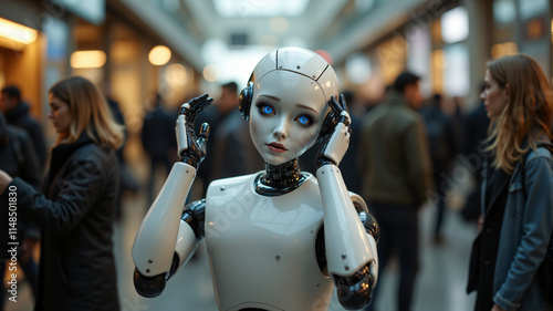 Wallpaper Mural A humanoid robot with striking blue eyes engages in a busy, futuristic setting. Torontodigital.ca