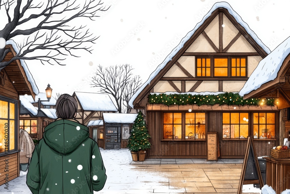 Naklejka premium A dreamy watercolor of a traditional German Christmas market with glowing lights, festive stalls, and warm holiday colors