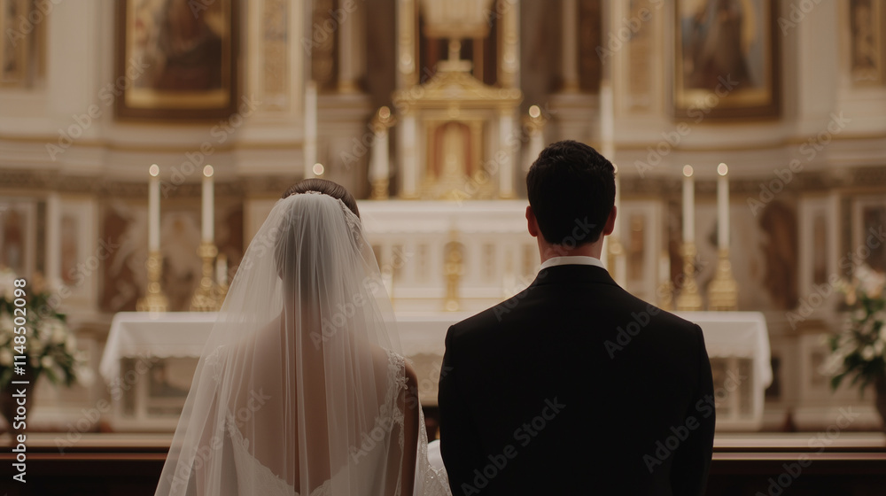 Catholic Wedding Ceremony with Couple in Black at Altar Catholic Wedding Ceremony with Couple in Black at Altar