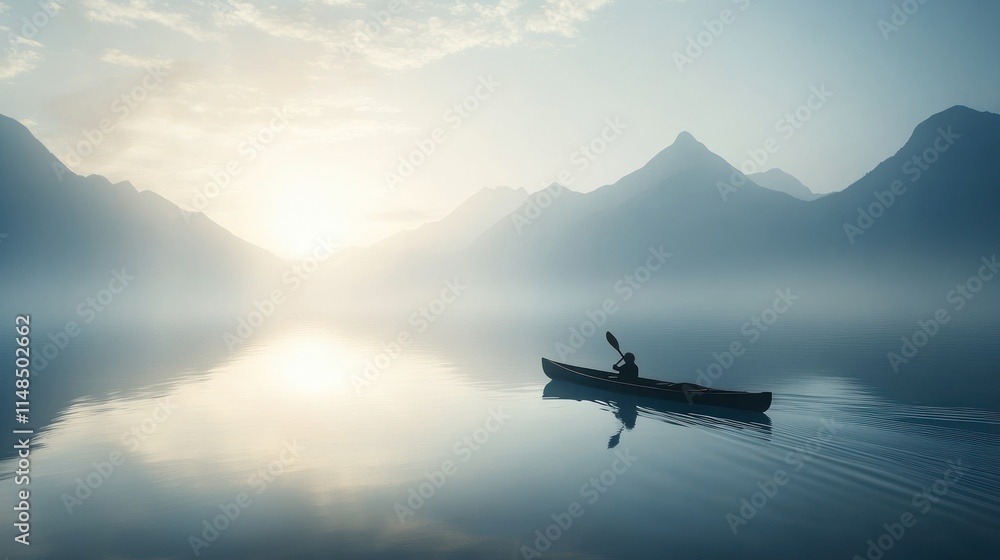 Solo Kayaker Paddling Calm Lake Mountains Sunrise Solo Kayaker Paddling Calm Lake Mountains Sunrise