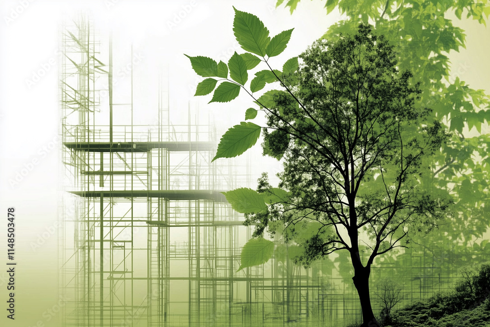 Obraz premium Green environmental scene with a tree and a building under construction representing urban sprawl and destruction of nature.
