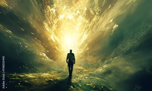 Wallpaper Mural Journey into the Light: A Solitary Figure Walks Towards a Glowing Celestial Gateway Torontodigital.ca