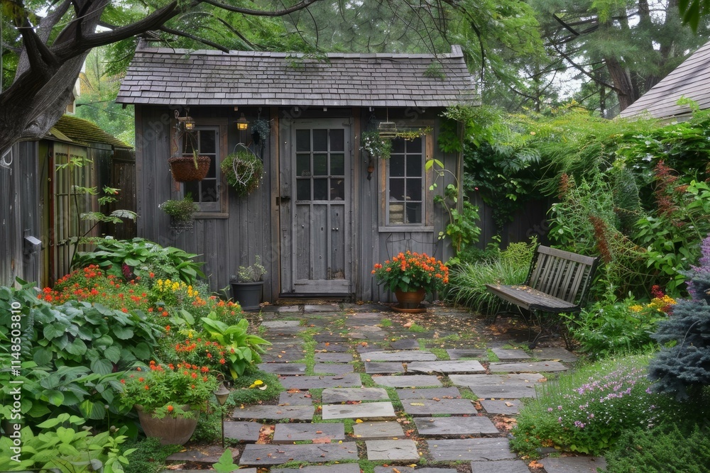 Charming garden shed with blooming flowers and stone pathway Charming garden shed with blooming flowers and stone pathway