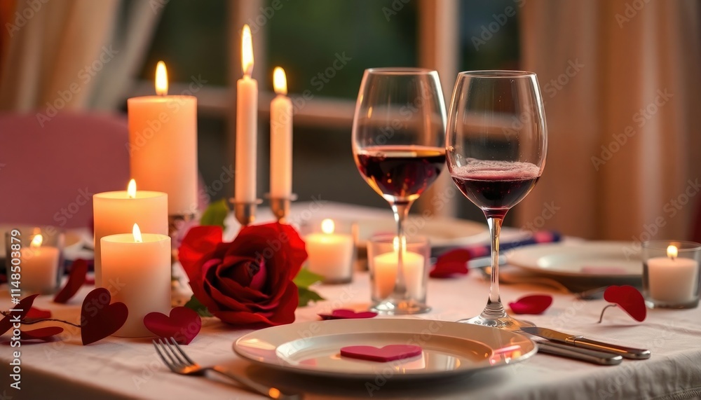 A romantic dinner setup with candles, wine glasses, and heart-shaped decorations. A romantic dinner setup with candles, wine glasses, and heart-shaped decorations.