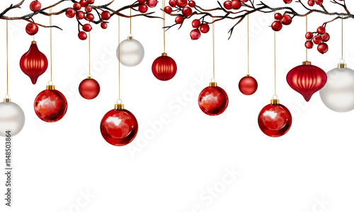 red christmas balls frame christmas festive holiday decoration with a border of pine branches, red berries, and various Christmas ornaments in red, white, and silver hues photo