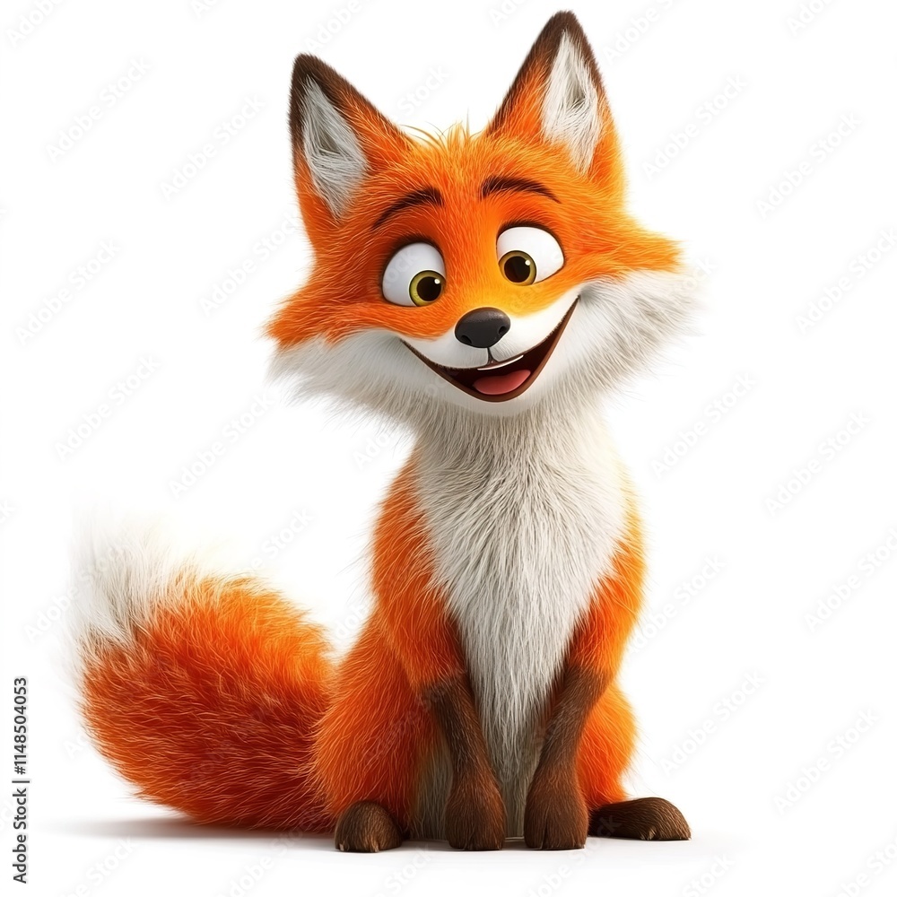 Fototapeta premium 3D Fluffy Red Fox with a Smile – Cute Animal Character on White Background