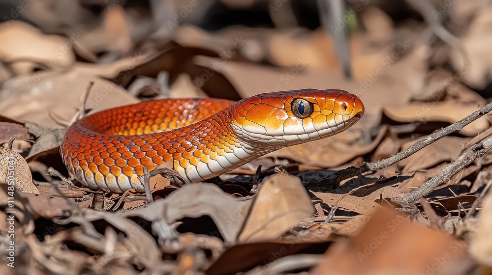 Fototapeta premium Bright Orange Snake Slithering Through Dry Leaves in Natural Habitat Close-Up