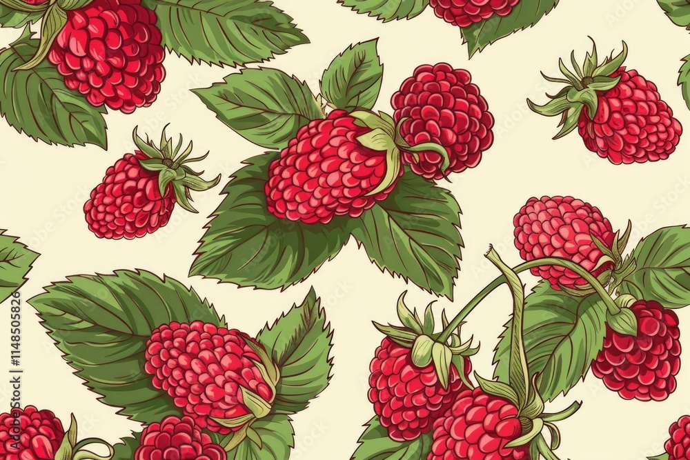 Ripe red raspberries growing on branch with green leaves seamless pattern