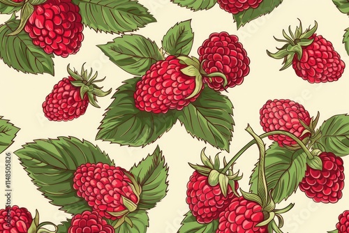 Ripe red raspberries growing on branch with green leaves seamless pattern