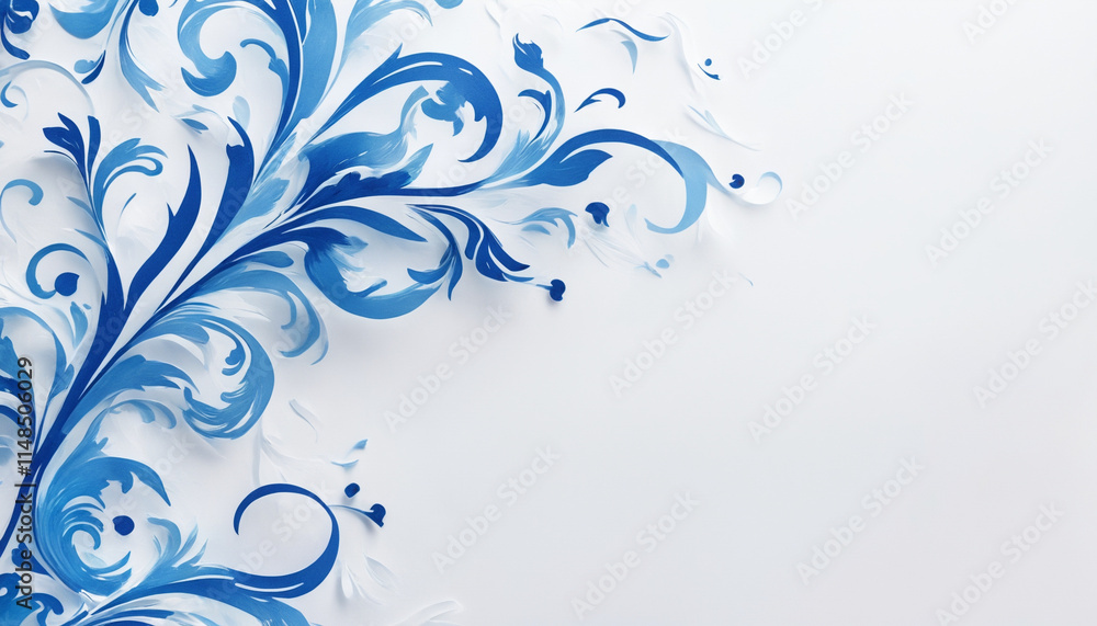 White paper background with blue flourishes and copy space White paper background with blue flourishes and copy space