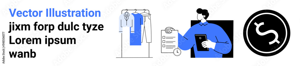 Business professional using a tablet, analyzing clipboard content. Clothes rack with neatly arranged garments. Currency icon in black circle. Ideal for business strategy, finance, organization Business professional using a tablet, analyzing clipboard content. Clothes rack with neatly arranged garments. Currency icon in black circle. Ideal for business strategy, finance, organization