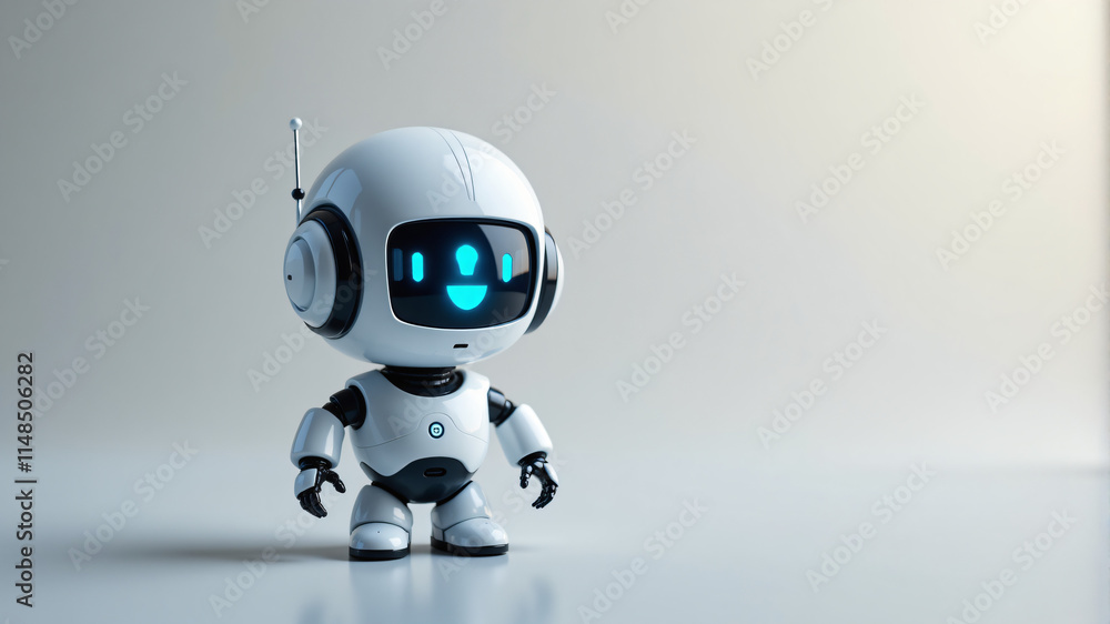 A charming small robot with a friendly design, featuring a blue light and a smiling face. A charming small robot with a friendly design, featuring a blue light and a smiling face.