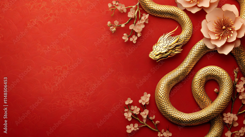 A golden snake entwines around pink flowers on a vibrant red background, symbolizing good fortune and prosperity. A golden snake entwines around pink flowers on a vibrant red background, symbolizing good fortune and prosperity.