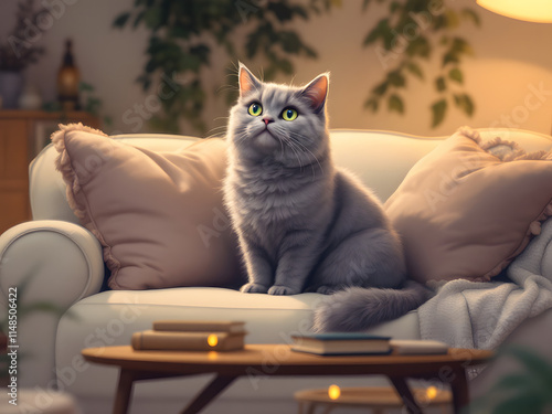 Gray cat sitting on a sofa