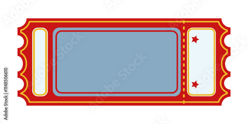 Colorful Circus Ticket Graphic. Red and yellow rectangular retro ticket template with blank space and perforated edges. Event admission concept for circus, carnival, theater, cinema, casino, club.