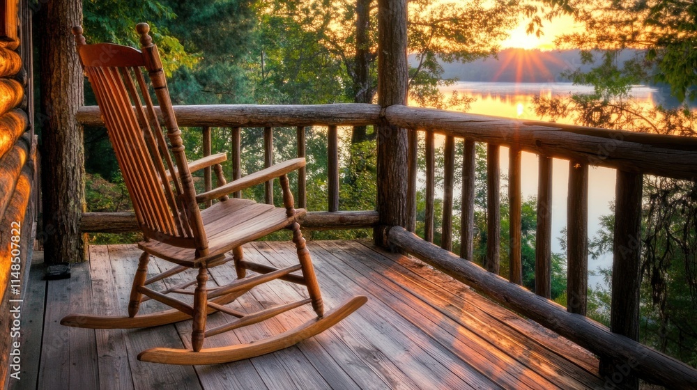 Wooden Rocking Chair On Porch Overlooking Sunrise Lake Wooden Rocking Chair On Porch Overlooking Sunrise Lake