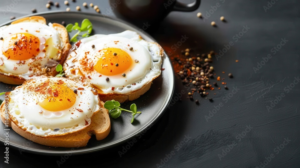 A close-up of a beautifully plated dish featuring fried eggs on toast, garnished with spices and microgreens, set against a dark background, Suitable for food blogs, menus, and culinary promotions, A close-up of a beautifully plated dish featuring fried eggs on toast, garnished with spices and microgreens, set against a dark background, Suitable for food blogs, menus, and culinary promotions,