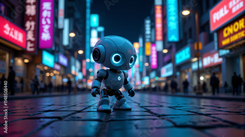 Wallpaper Mural A cute robot stands in a vibrant neon-lit urban city at night, showcasing technology. Torontodigital.ca