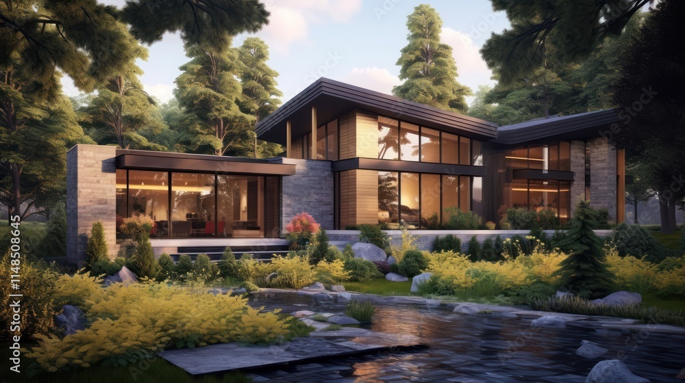 Modern House nestled in a lush green forest setting Modern House nestled in a lush green forest setting
