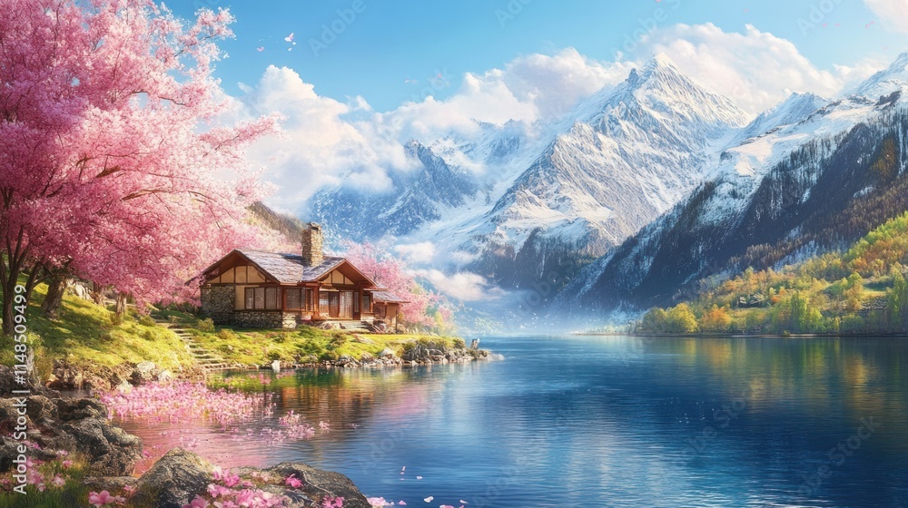 Obraz premium Mountain Lake Cabin Spring Blossoms Peaceful Scene