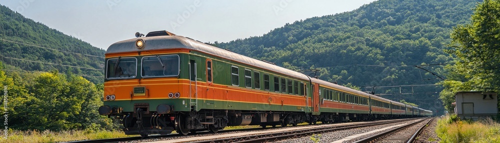 A vibrant train travels through lush green hills, showcasing its colorful exterior against a scenic backdrop. A vibrant train travels through lush green hills, showcasing its colorful exterior against a scenic backdrop.