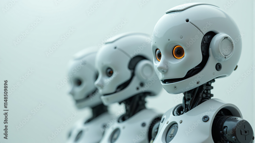 Three white robots with cute features and glowing eyes, showcasing futuristic design and technology. Three white robots with cute features and glowing eyes, showcasing futuristic design and technology.