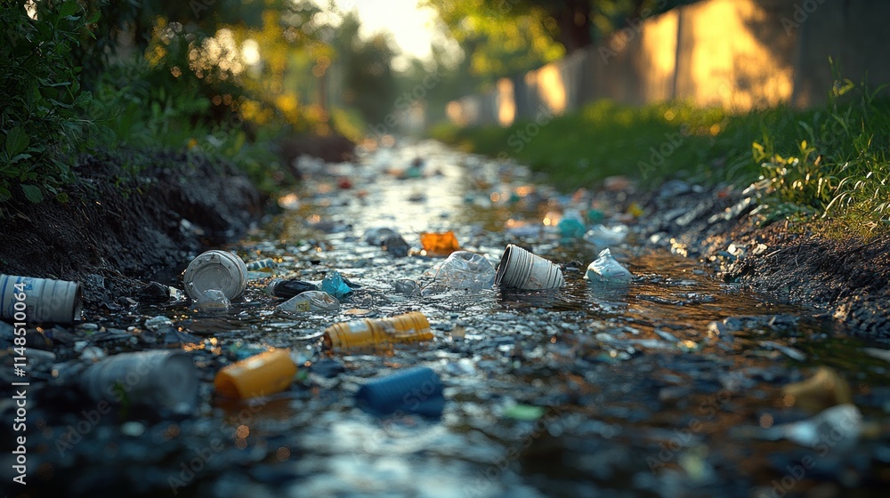 Polluted stream with plastic waste. Polluted stream with plastic waste.