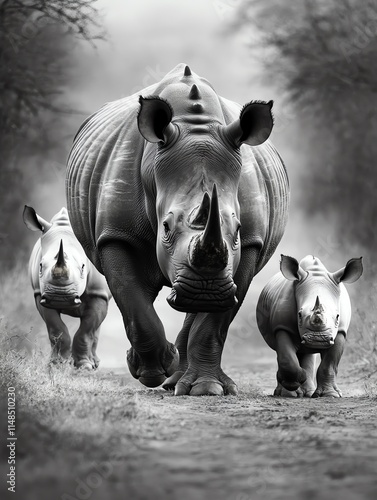 A mother rhino and her calves walking through a misty landscape, showcasing their strength and beauty in monochrome. photo