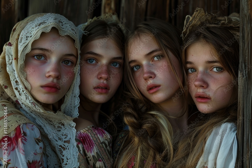 Fototapeta premium Four young girls wearing traditional clothes and scarves are posing together
