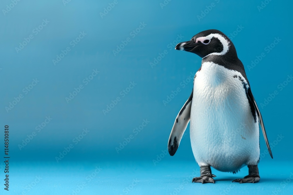Fototapeta premium Humboldt penguin standing on blue background in studio shot