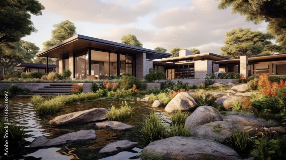 Modern House Nestled Amongst Lush Greenery And Water Feature Modern House Nestled Amongst Lush Greenery And Water Feature