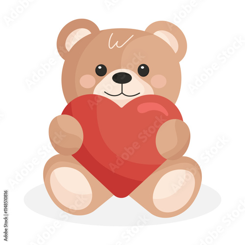 Cute teddy bear holding a red heart. Adorable vector illustration for Valentine’s day, love and gift themes. Isolated on white background.