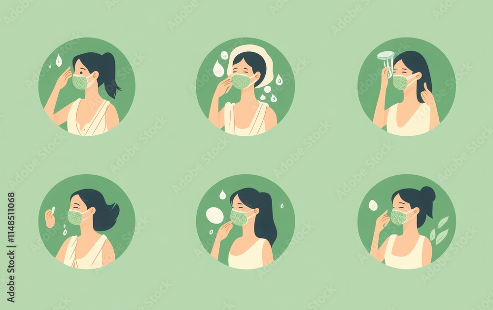 A collection of circular flat design icons illustrating Asian women with light skin tones, wearing facial masks while washing their faces. A collection of circular flat design icons illustrating Asian women with light skin tones, wearing facial masks while washing their faces.